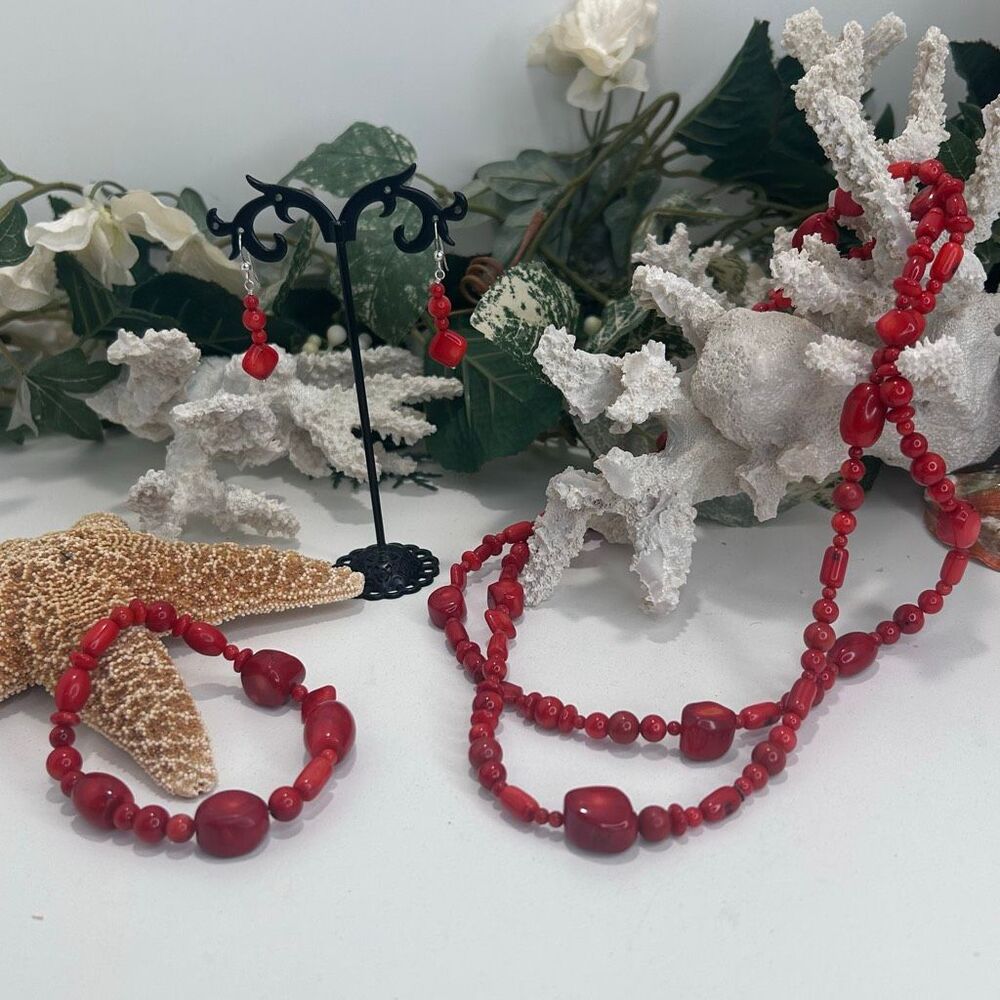 Vintage 70s Beaded Necklace Bracelet And Dangle Earrings Set Red Coral Beads